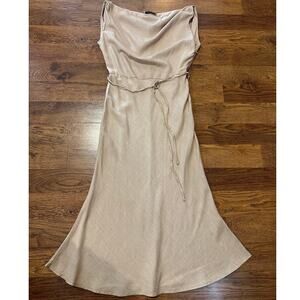 YH & CO Women's Linen Blend Midi Dress Beige Size 10 Elegant Chic Minimalist